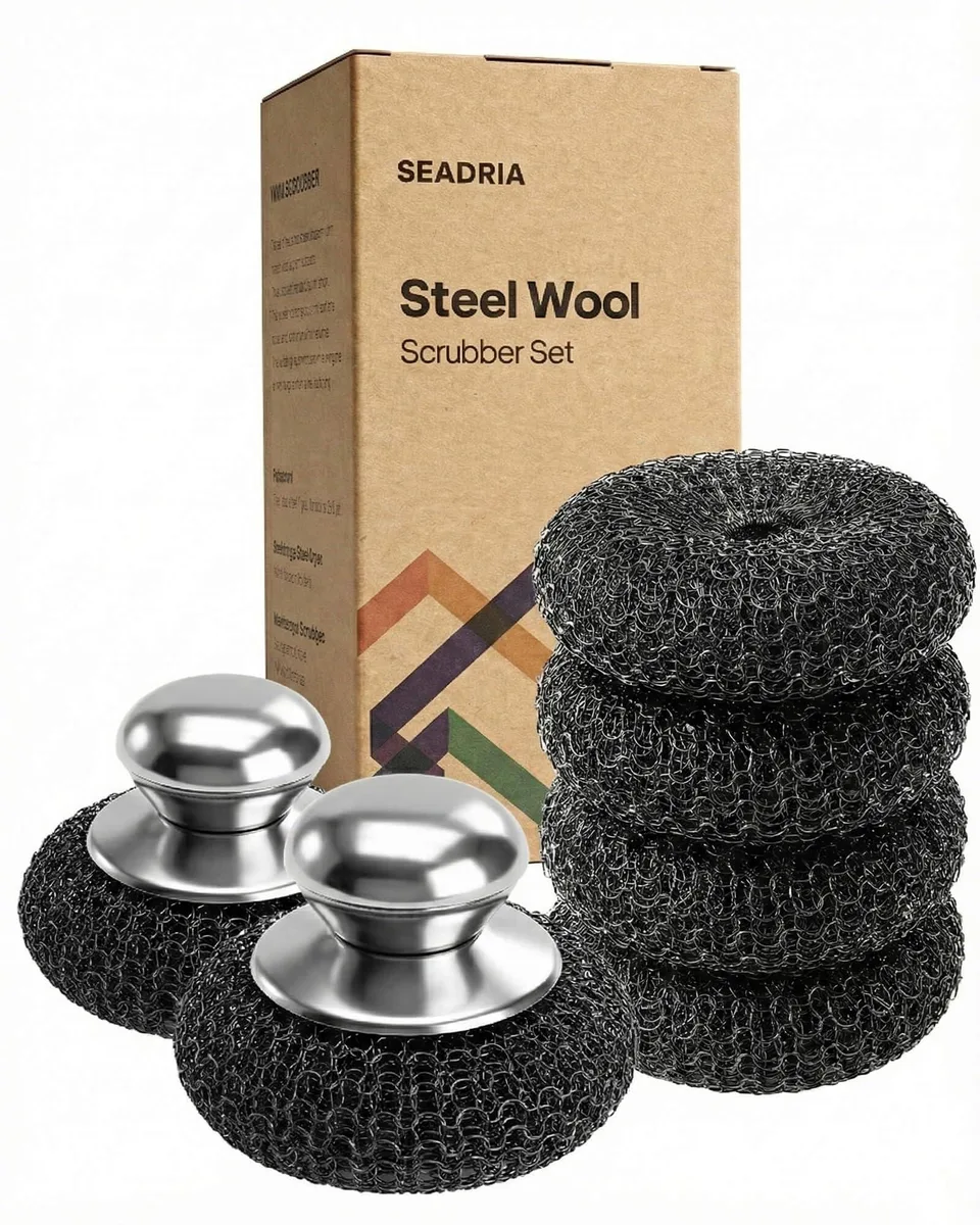 Eight stainless steel wool scrubbers with two plastic handles on a white background