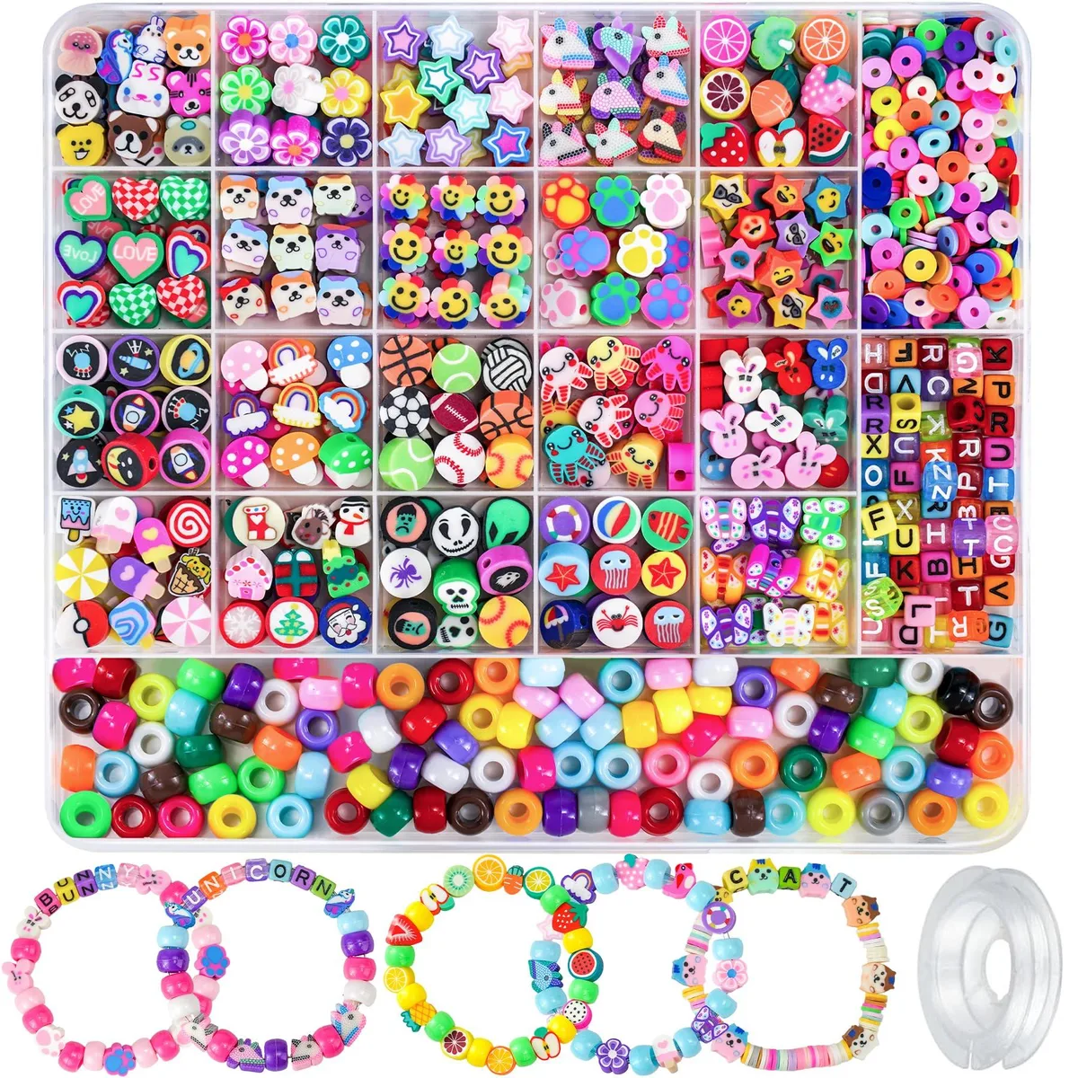 Clear plastic box with 1200 colourful polymer clay beads in animal fruit flower butterfly star shapes