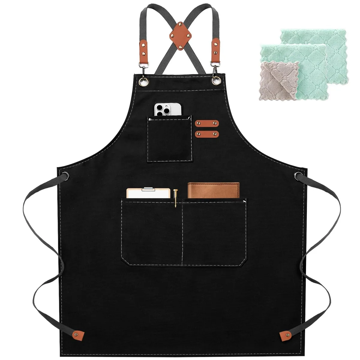  ZOMAO Chef Apron Cotton Canvas Cross Back Waterproof Black 12oz 61in 31.5x26.7in 3 Pockets — product photo