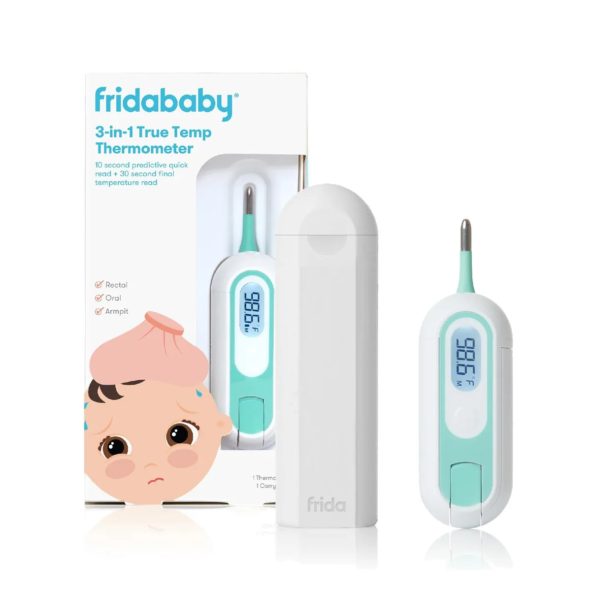 Red digital thermometer with flexible tip and carrying case