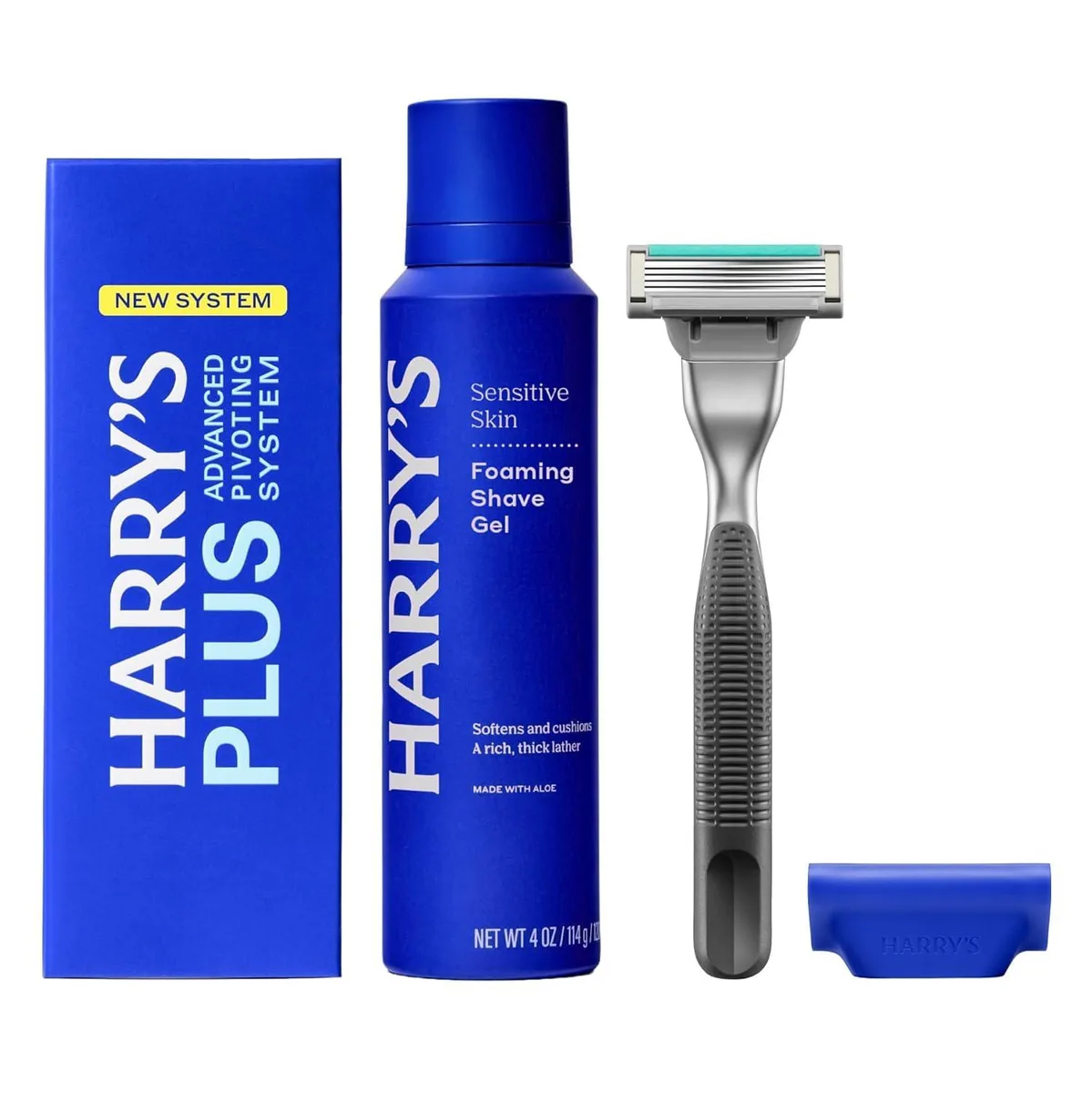 Onyx metal handle with matte finish and rubber grip, five-blade cartridge, foaming shave gel tube, travel blade cover
