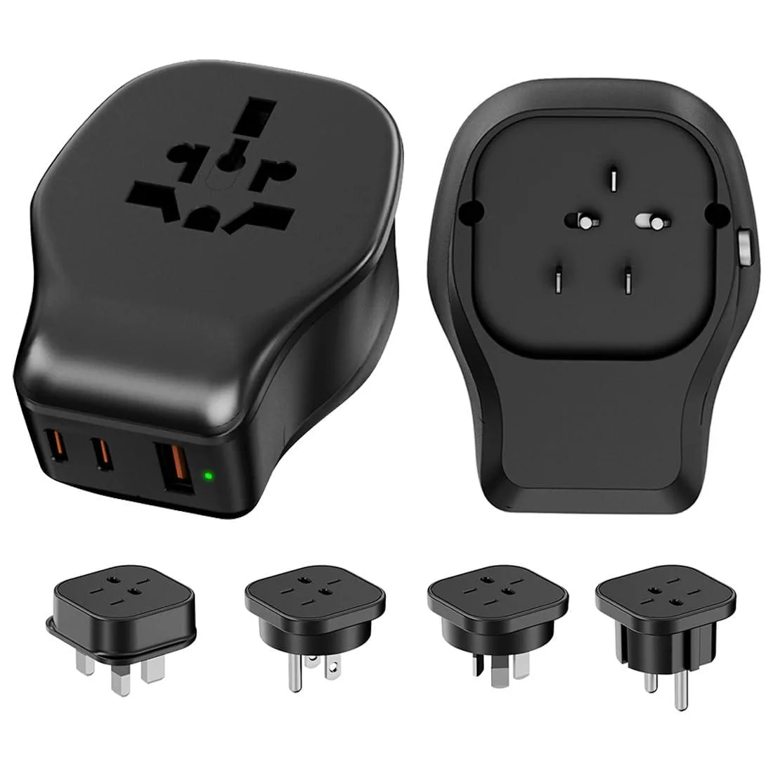 Compact black travel adapter with four AC outlets and three USB ports, detachable plug system, LED indicator, 97 grams