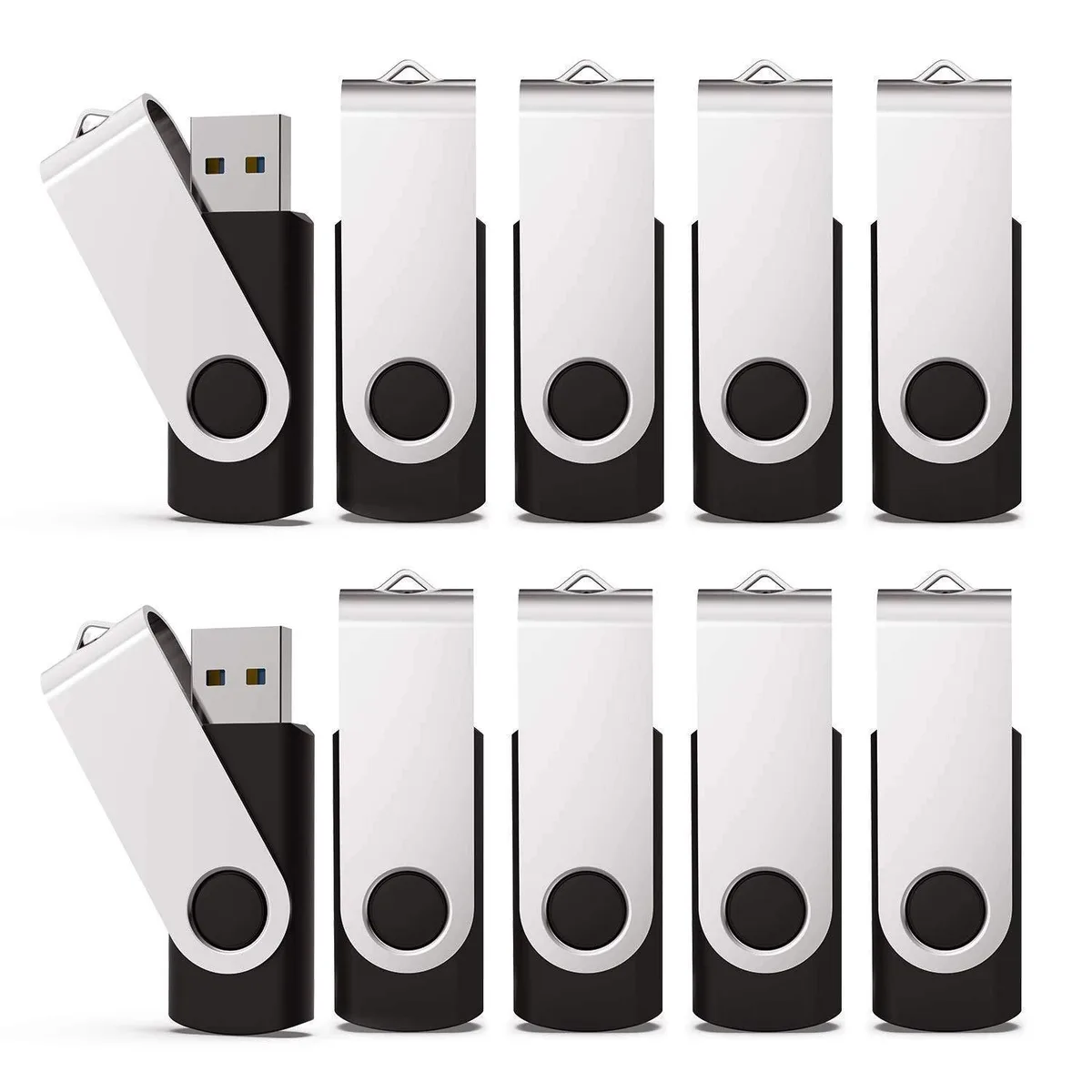 Ten black capless USB 2.0 flash drives with rotating metal clips