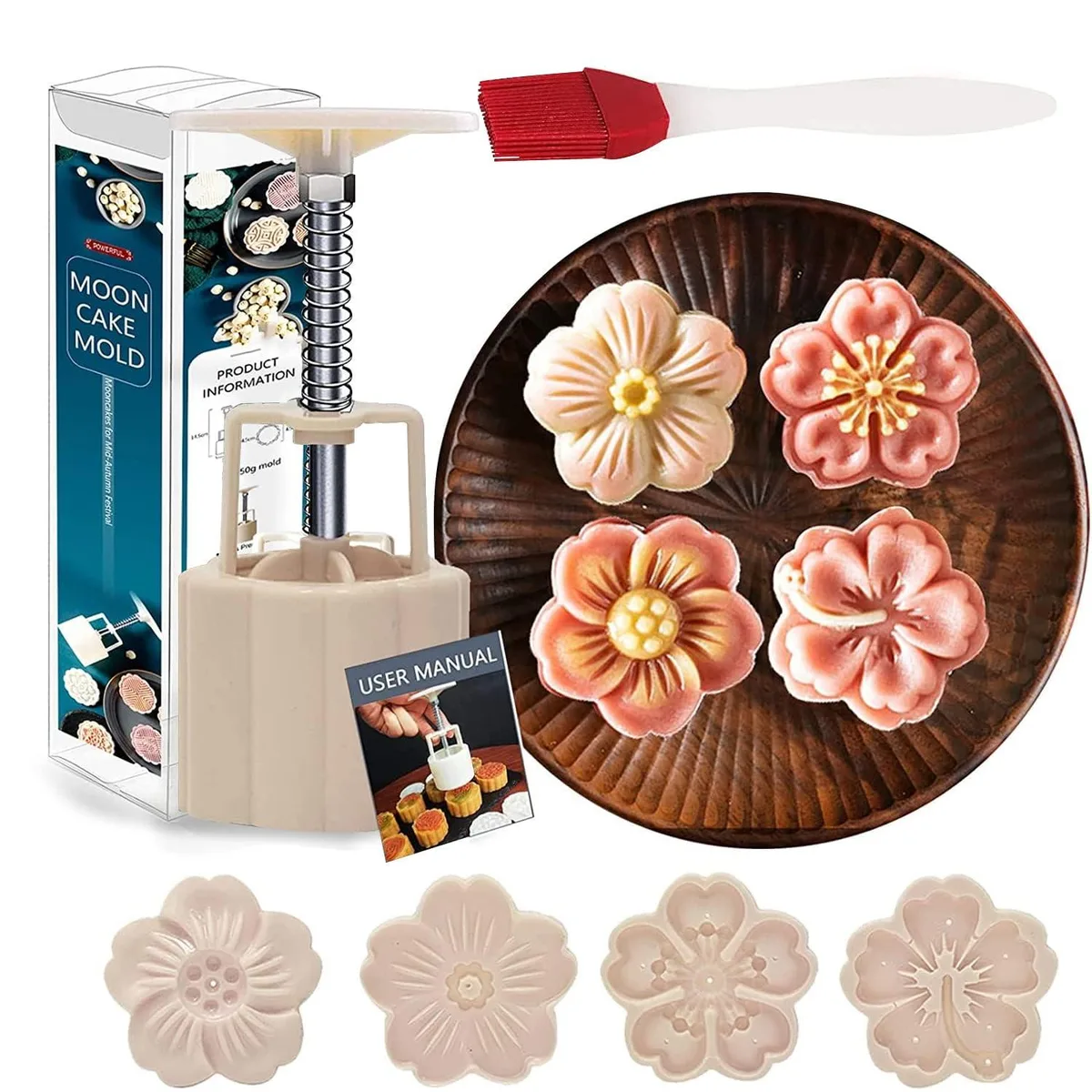White ABS mooncake press set with four flower stamps and storage box