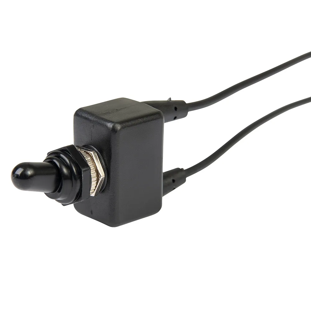 Black toggle switch with PVC coating and two wire leads