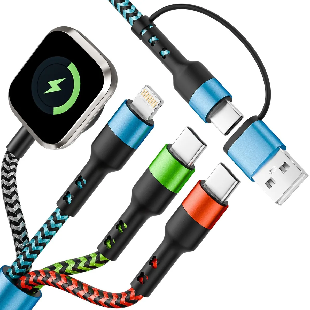 Black and blue braided USB-A cable with eight connectors, 1.5 metres long
