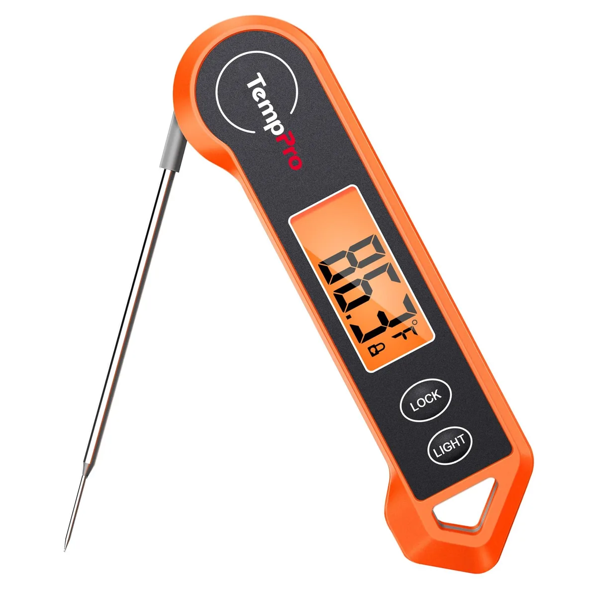 Bright-orange digital thermometer with fold-out probe and 2.0-inch rotating backlit display