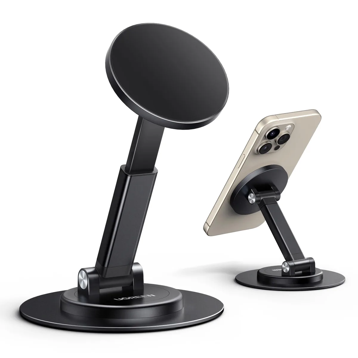 Black magnetic phone stand with adjustable aluminium arm and circular base, folded flat