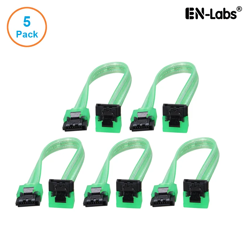 EN-Labs EN-Labs 5PKSATAIII15CMGN90 5-pack SATA 3.0 cable straight 180 to 90 UV Green 6 inch — product photo