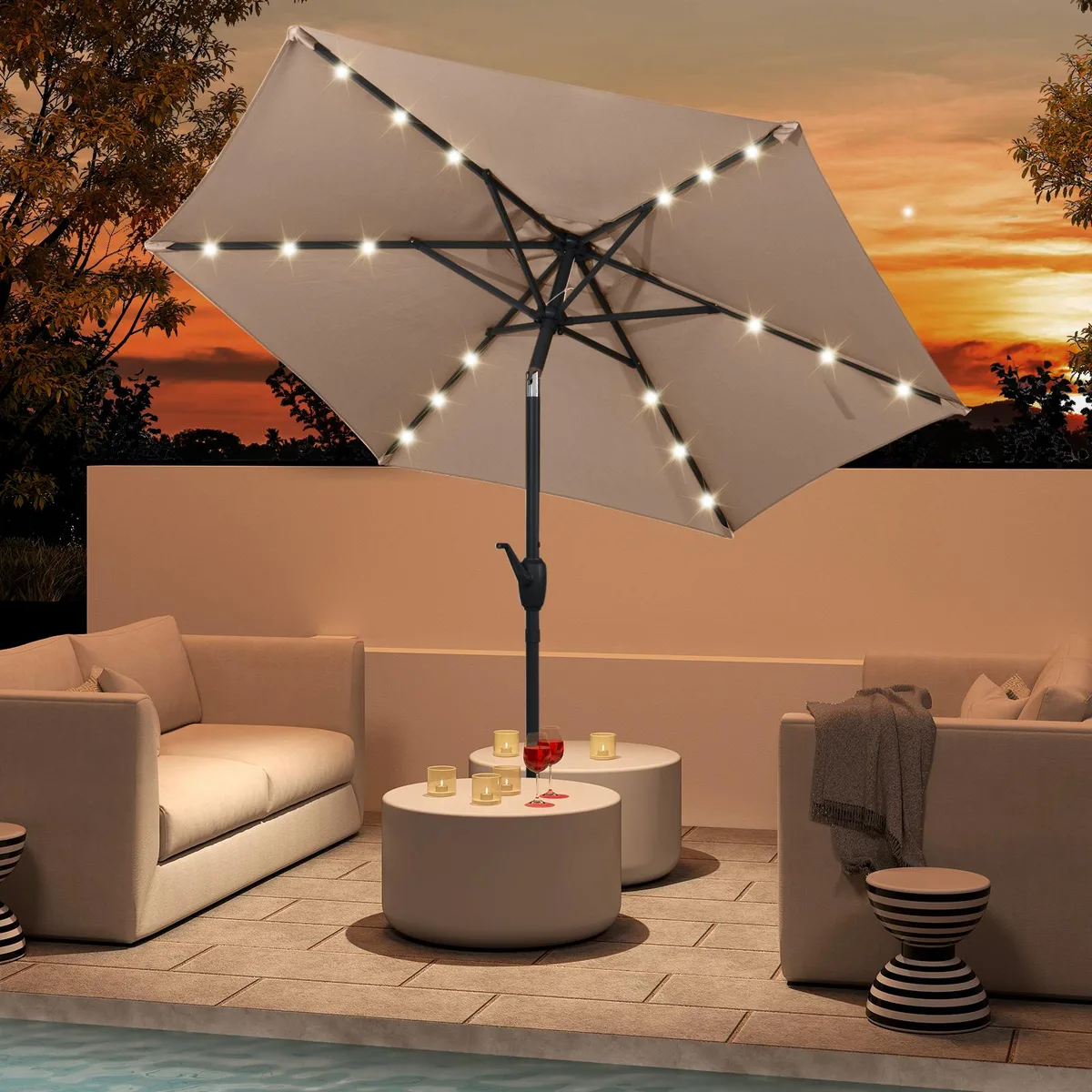 Tan 7.5 ft solar patio umbrella with crank, tilt, LED lights, air vent and two-section pole