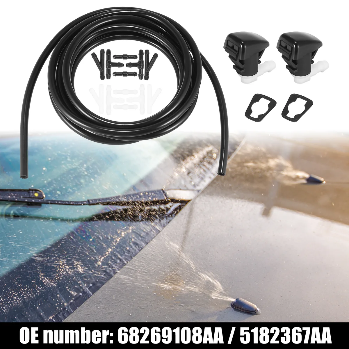Black plastic windshield washer nozzle kit with hose and connectors for Dodge Durango 2011-2021