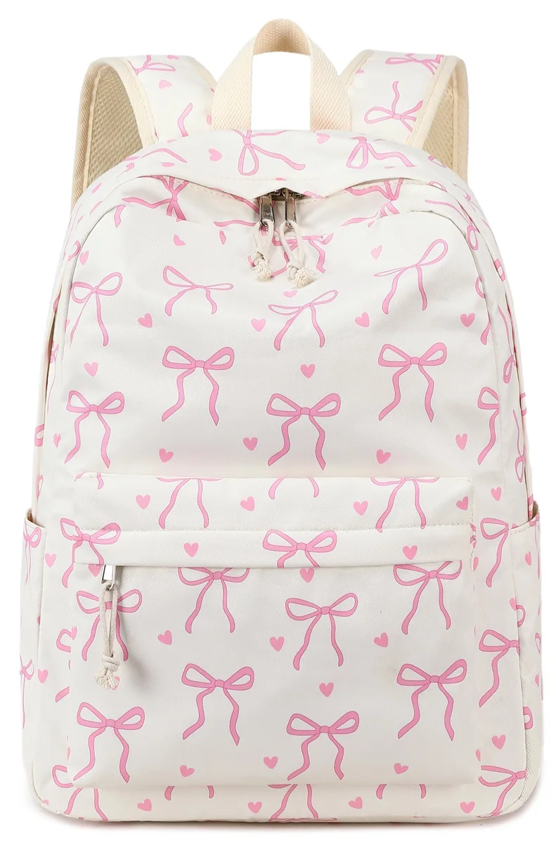 Beige polyester laptop backpack with cartoon bow tie print and zippered compartments