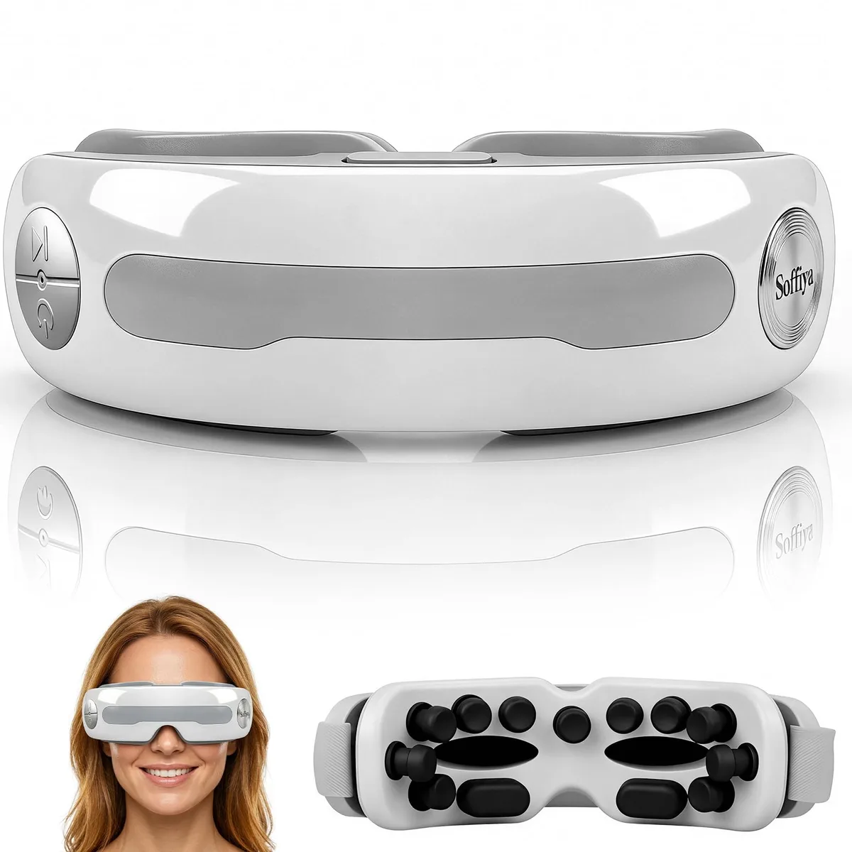 White cordless eye massager with adjustable strap