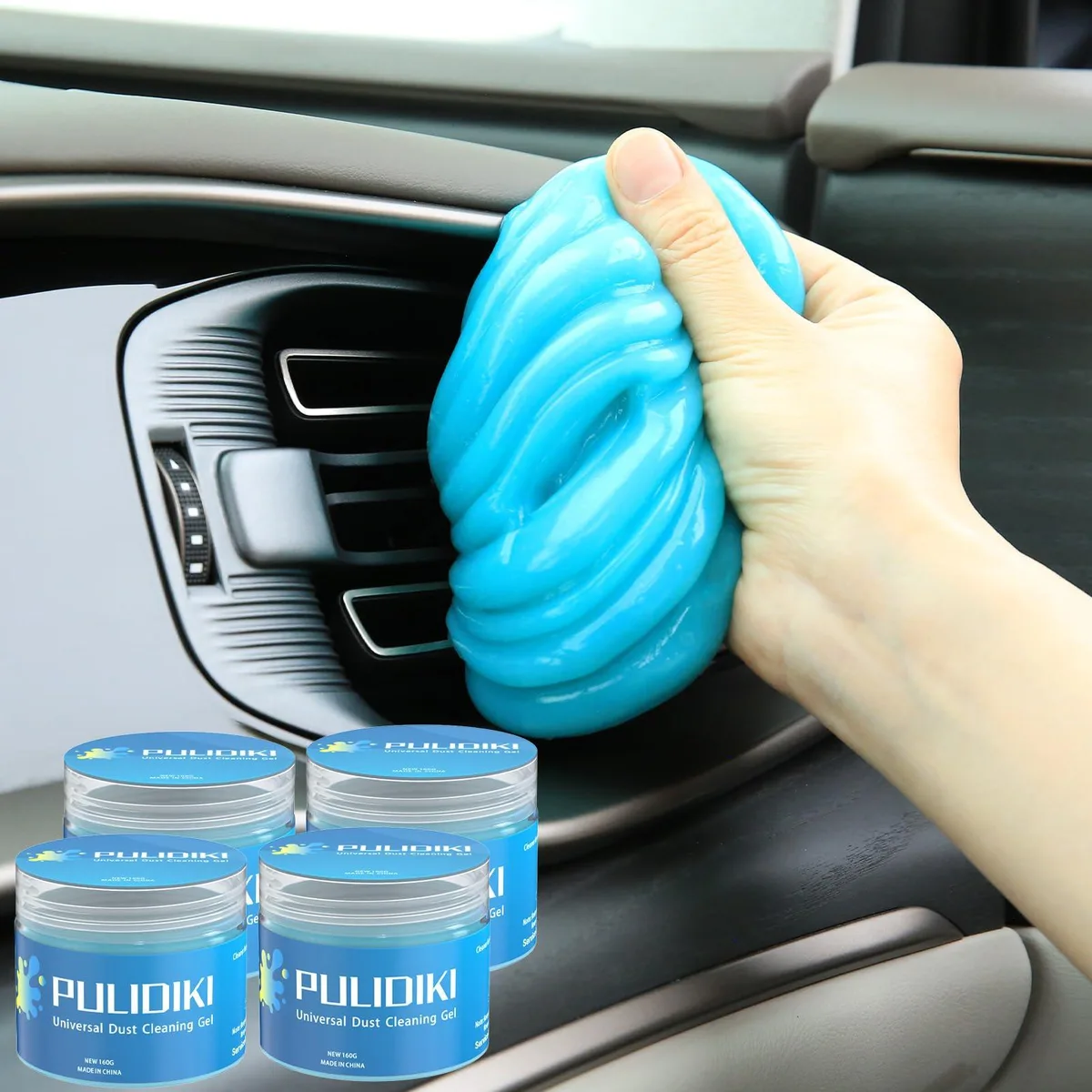 Four blue cleaning gel jars, 2.62 inches wide and 2.1 inches high