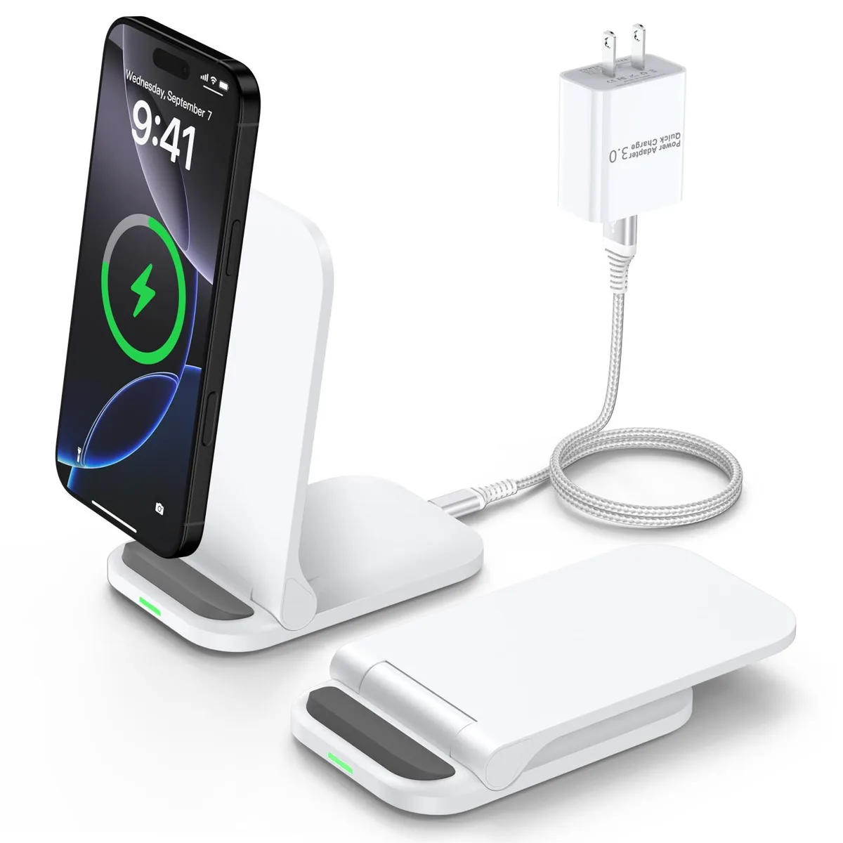 Foldable wireless charging stand with two coils, LED indicator, matte finish