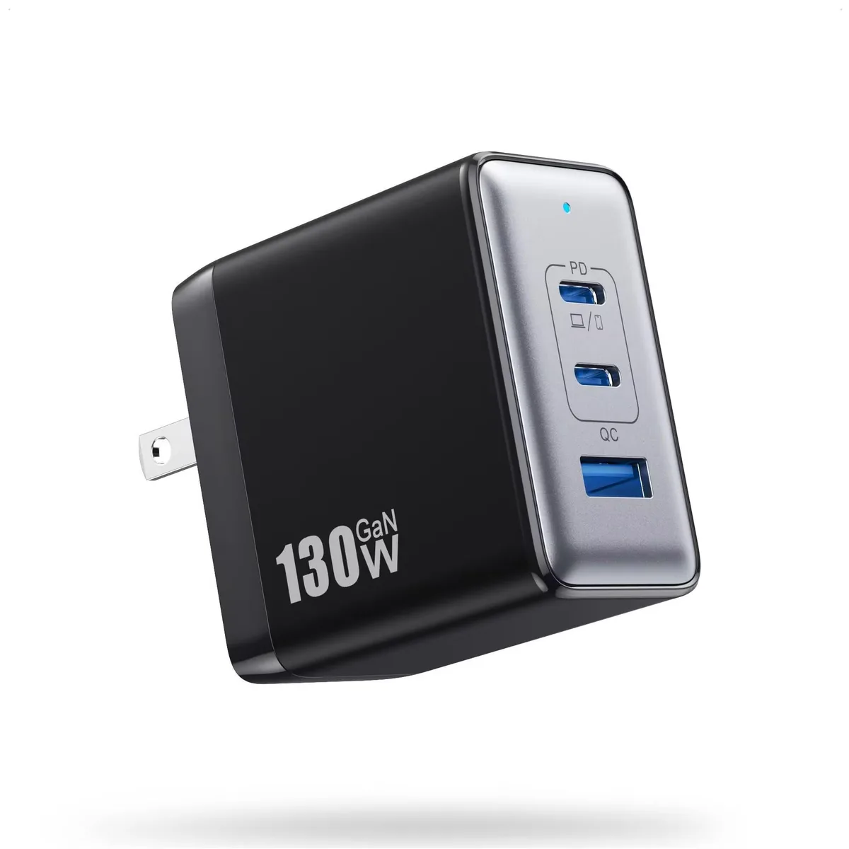 Compact white GaN charger with foldable prongs and three ports