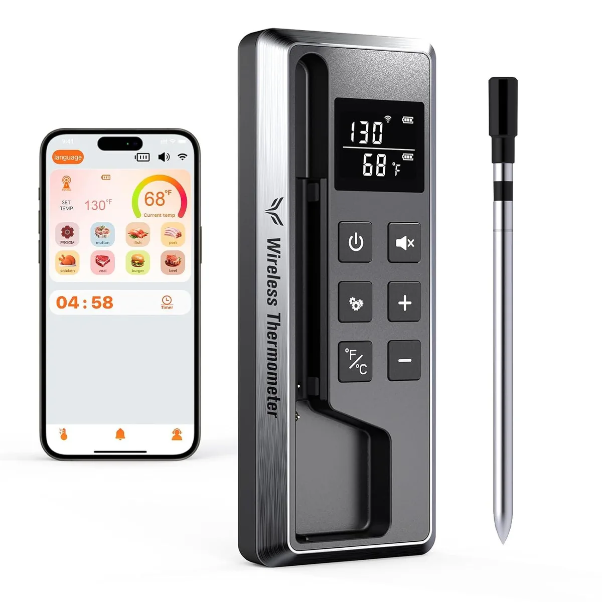 WUQ WUQ Bluetooth 5.2 Meat Thermometer 800FT Range IP67 14h Probe 72h Host — product photo