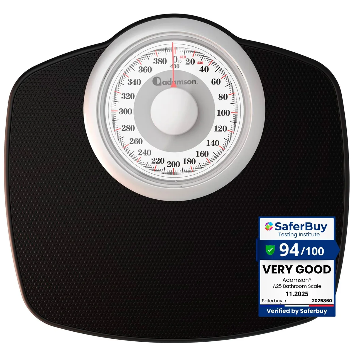 Black analog bathroom scale with 5.3 inch dial on 12.2 by 11.81 inch anti-slip rubber platform