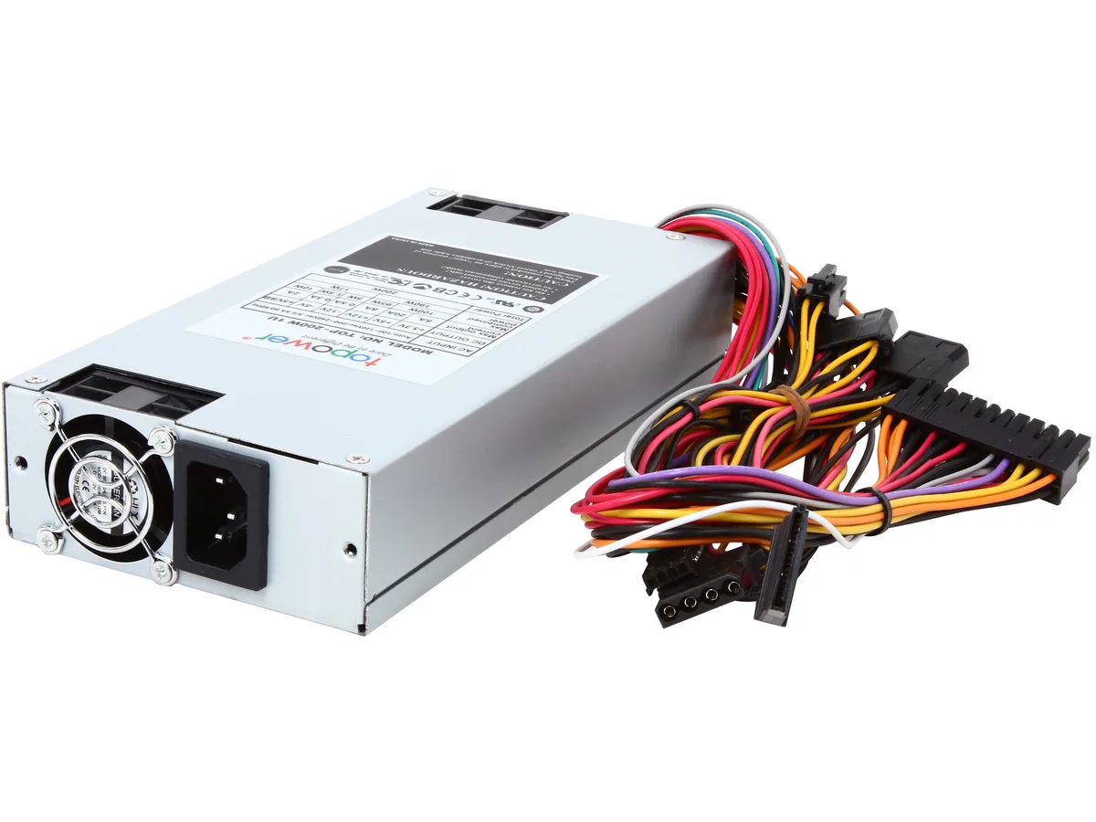 Rectangular silver metal 1U server PSU, 1.57 by 3.94 by 7.87 inches, fan grille rear, 20+4 pin cable