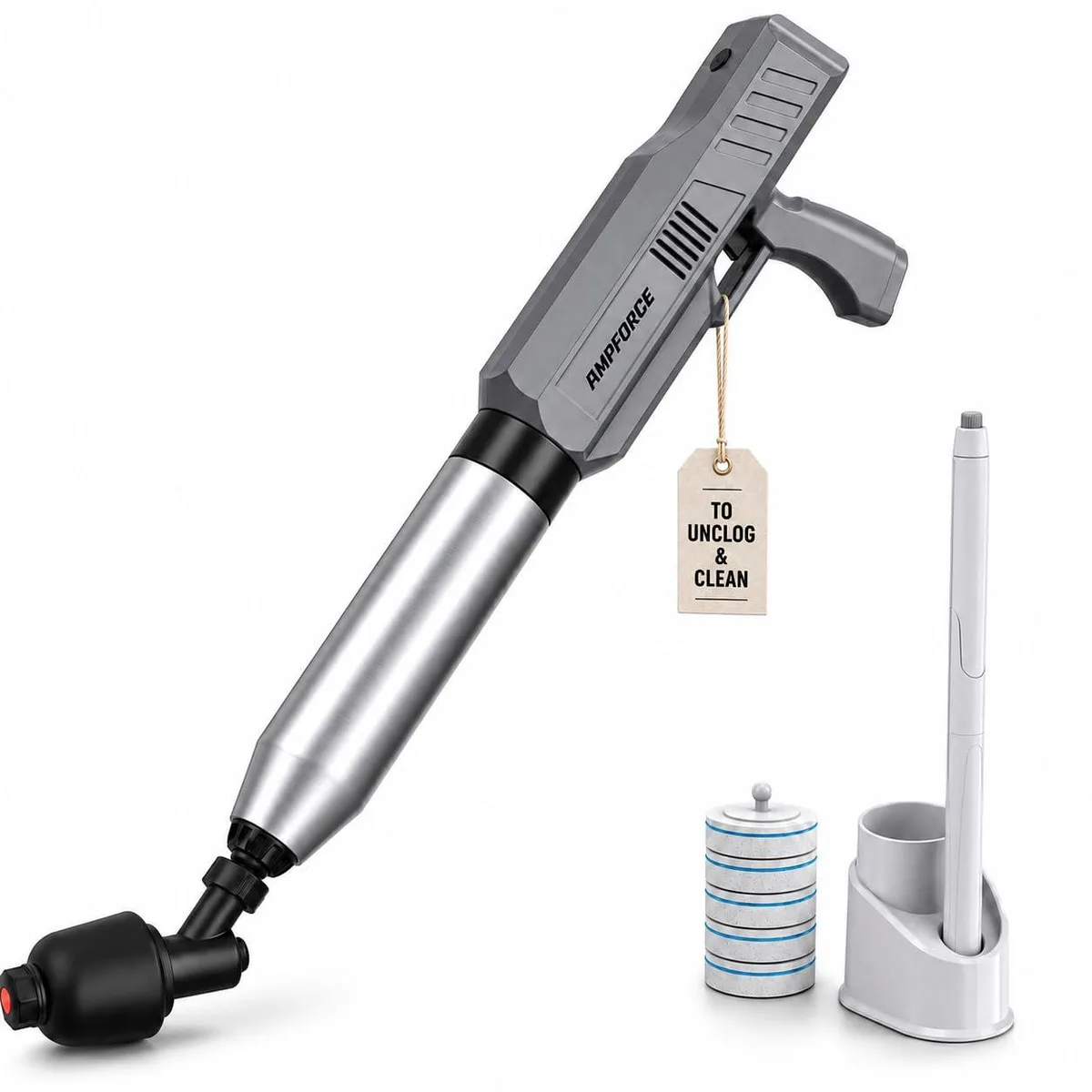 Electric toilet plunger bundle with 120° anti-splash head, 360° cleaning wand, caddy and six disposable brush refills