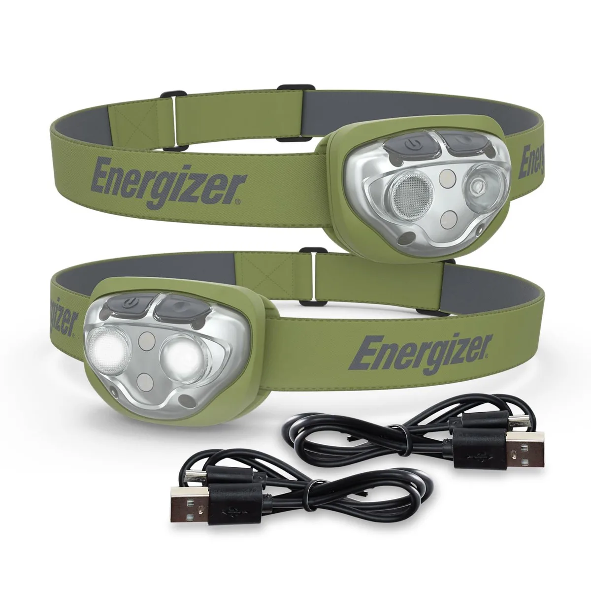 Two black rechargeable headlamps with adjustable straps and USB cables