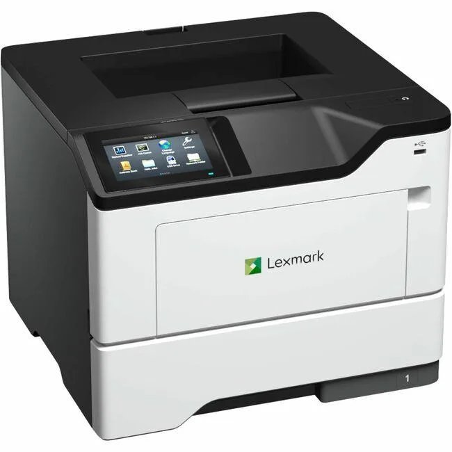 White Lexmark MS632dwe laser printer with touchscreen and paper trays