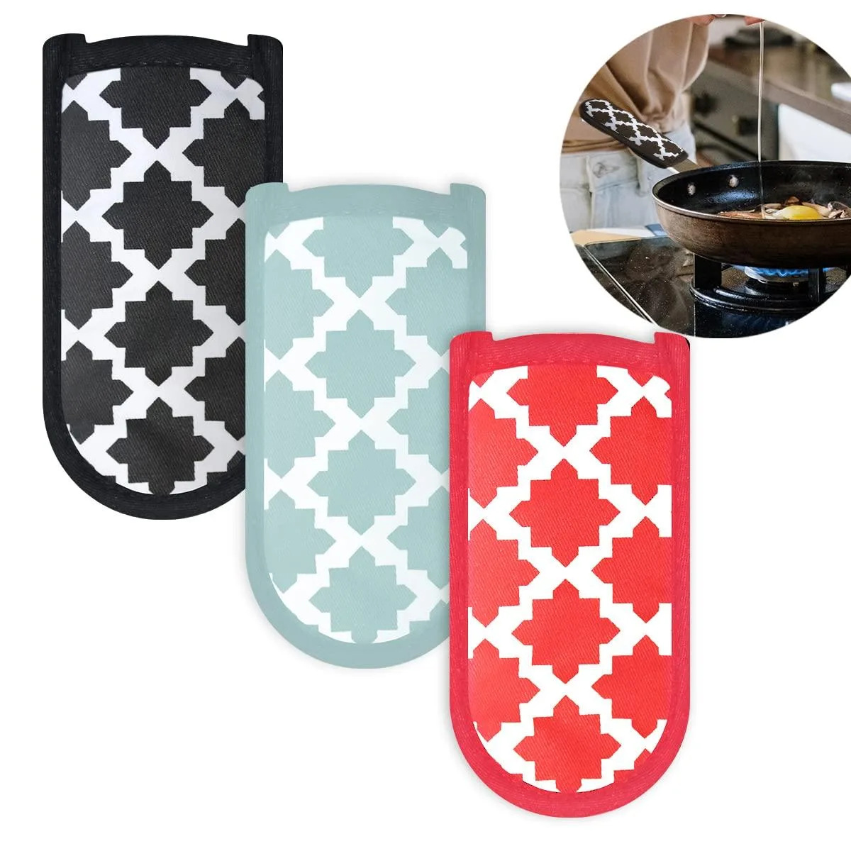 Three fabric pot-handle covers in classic style, each 8 by 15 cm, with hanging loops