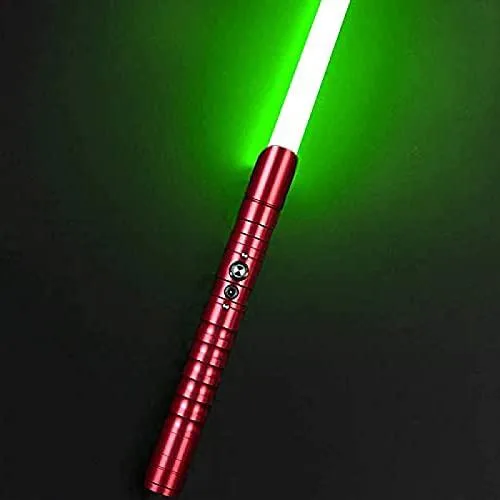 Red metal lightsaber hilt with detachable green blade, USB cable and tools included