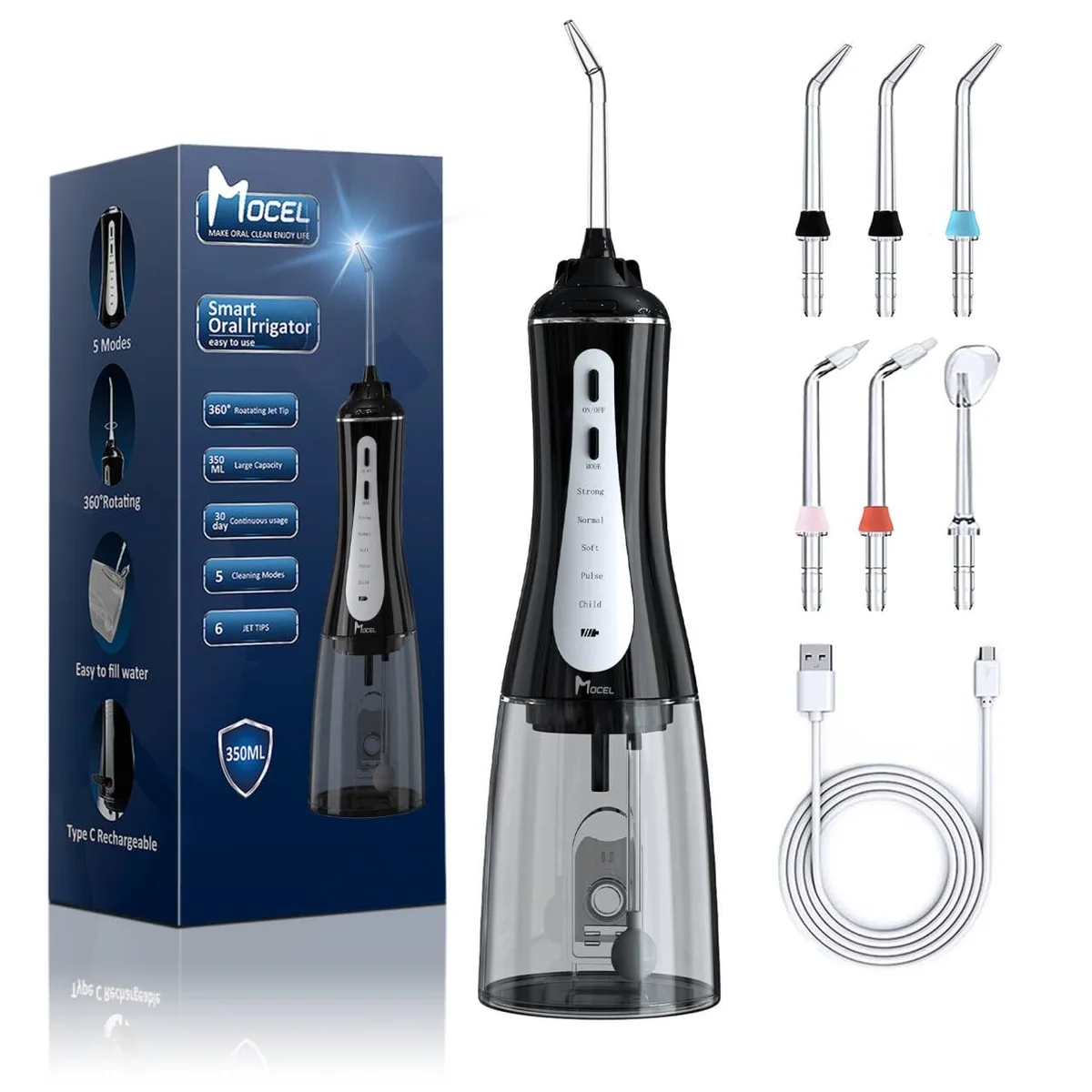 White cordless water flosser with 350ml tank and 6 tips