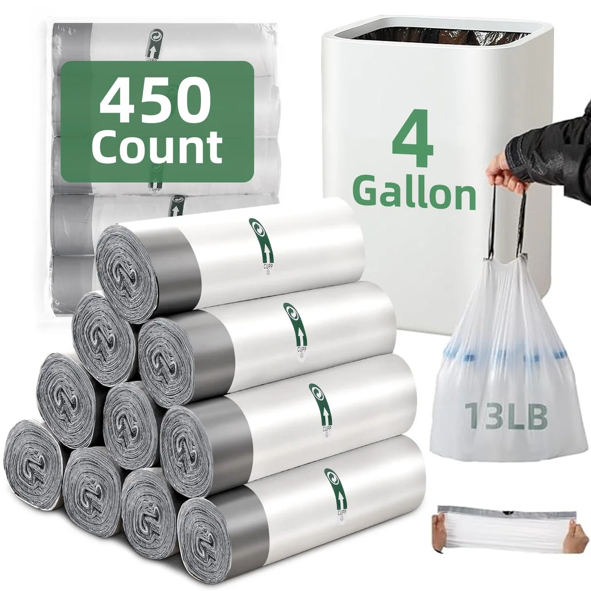  XLHOMO IZ2535WH450 4-Gallon Drawstring Trash Bags 450 Count White — product photo