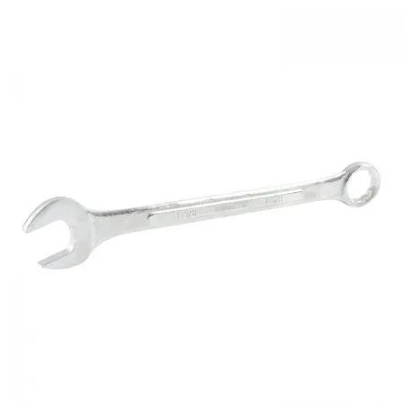 A large chrome-plated combination wrench with raised-panel handle and offset box end