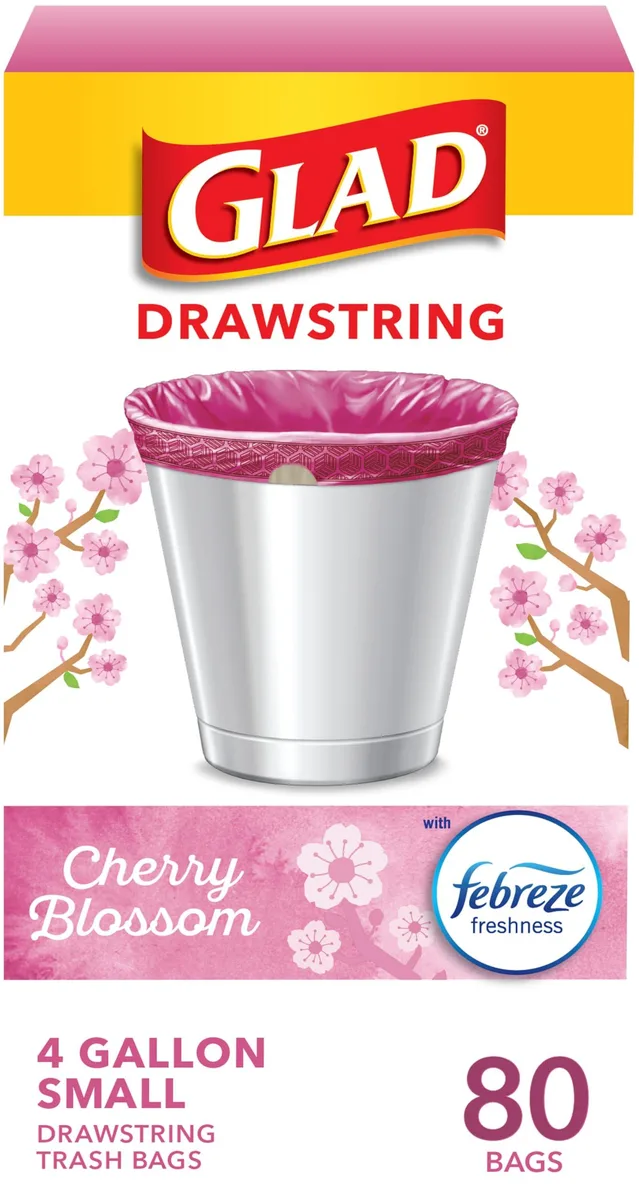 Pink plastic drawstring trash bags in a retail pack of 80