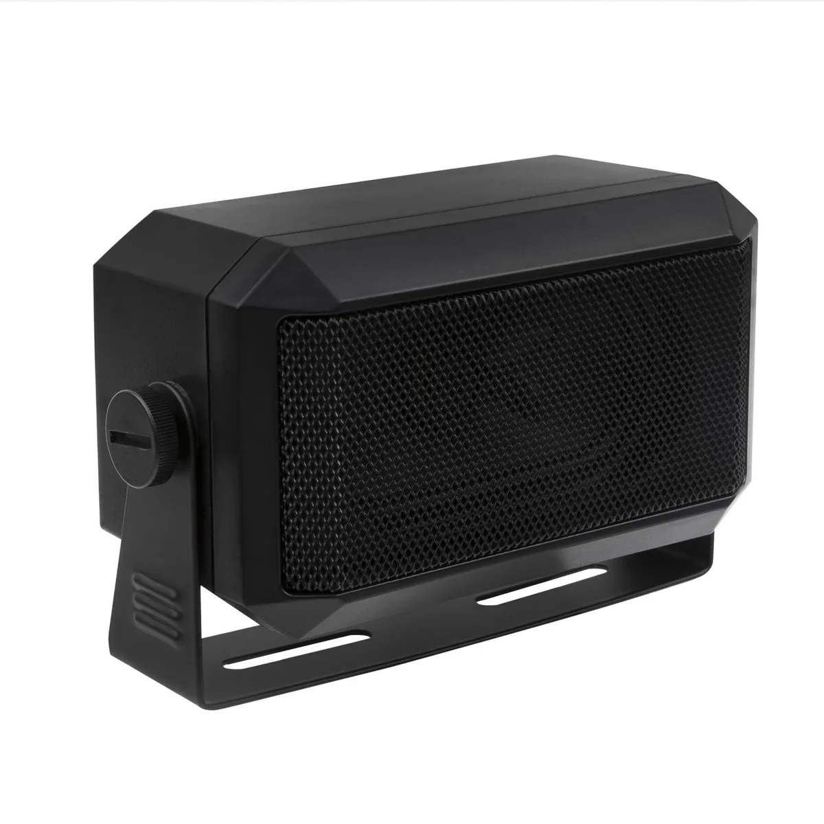 Black rectangular external speaker with 3.5mm plug and mounting bracket