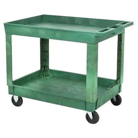 Green polypropylene utility cart with two lipped shelves and four wheels