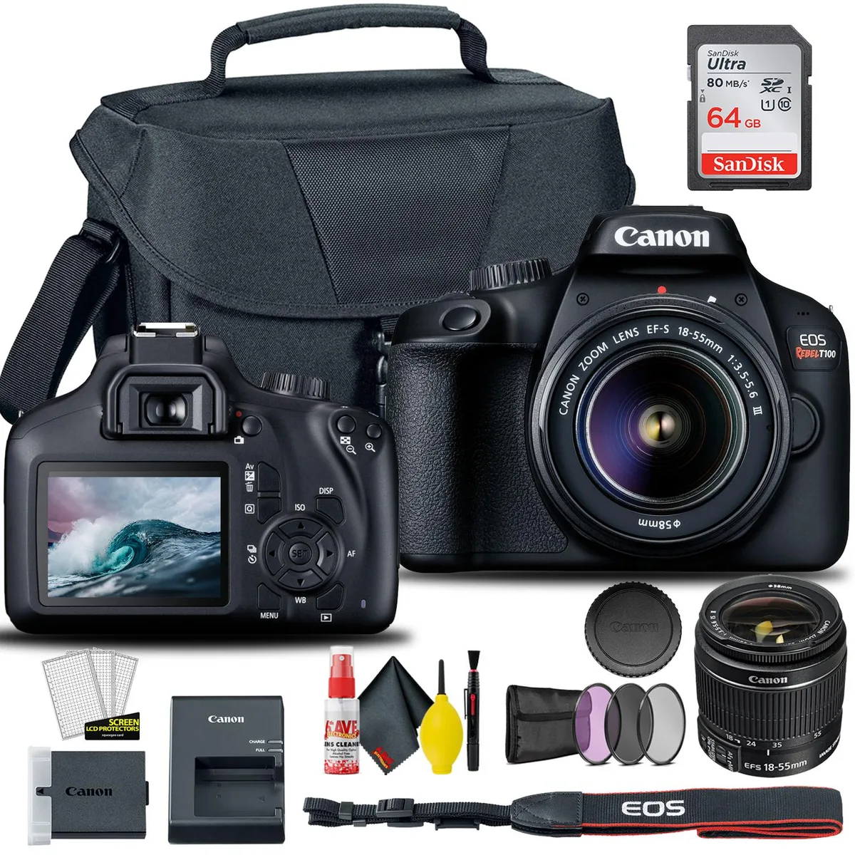 Canon Canon EOS 4000D Rebel T100 18-55mm lens 58mm filter bundle — product photo