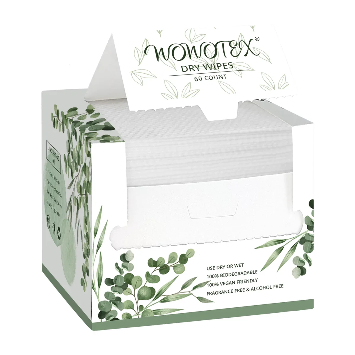 White rectangular box containing 60 large disposable facial towels