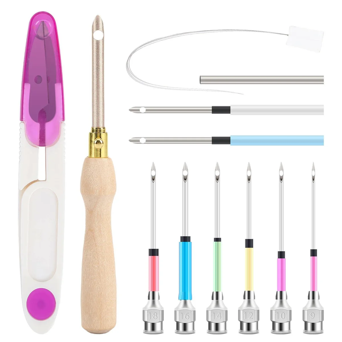 Pink 13-piece punch needle kit with wooden handle, stainless steel needles and scissors