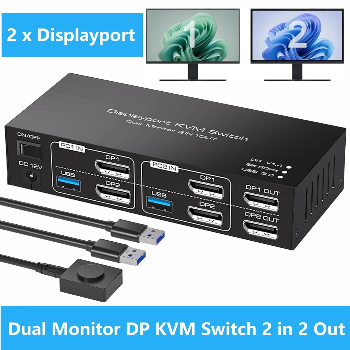 IHDAPP IHDAPP Dual DisplayPort 1.4 KVM Switch 2 PC 2 Monitor 8K@60Hz 4K@144Hz 4 USB 3.0 — product photo