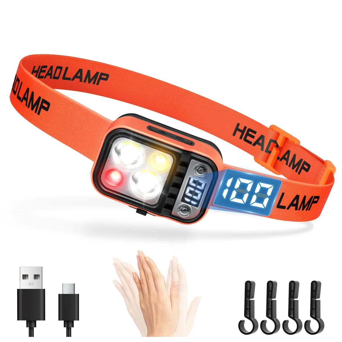 White headlamp with dual LEDs, USB-C port, digital display, 1.87oz