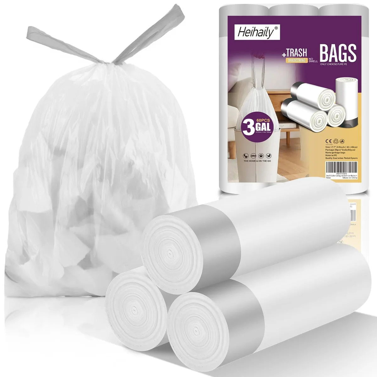 White drawstring kitchen trash bags, 60 count, 3 gallon capacity, clear plastic on roll