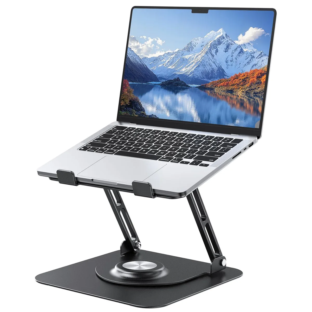 Black leather laptop stand on a rotating base, folded flat to 9.45 inches square