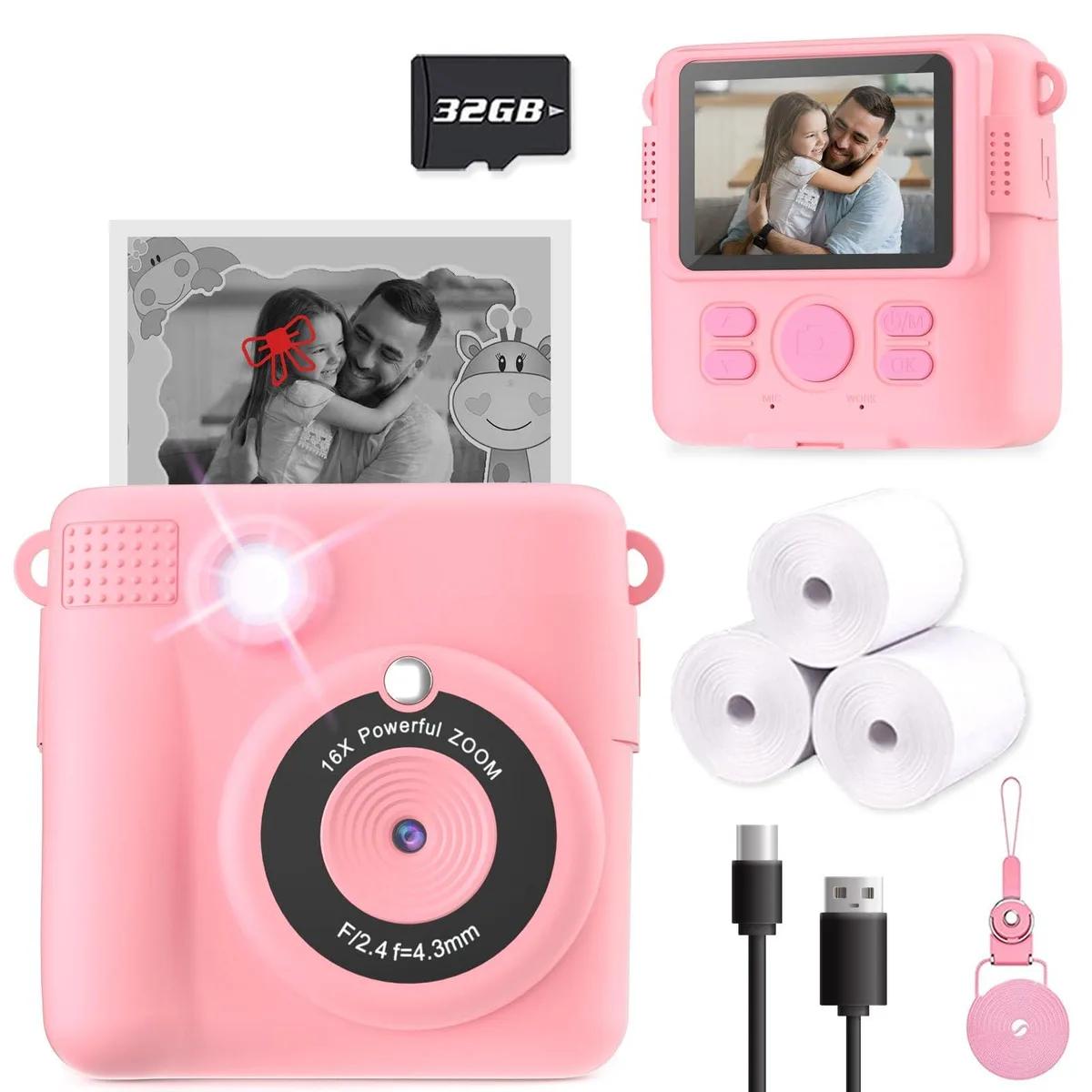  ESOXOFFORE Instant Print Camera ABS-681 Pink 32GB SD Card — product photo