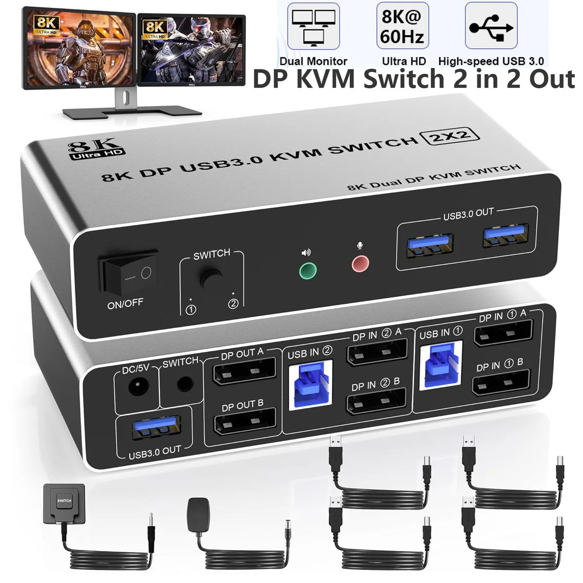 Hitoor Hitoor DP202C DisplayPort KVM Switch 2×2 8K@60Hz USB 3.0 — product photo