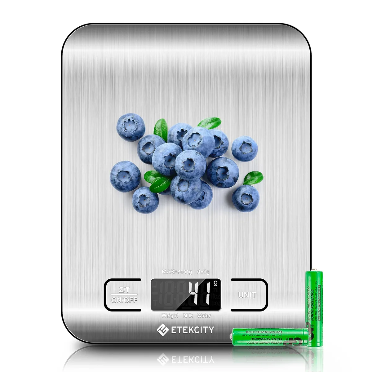 Compact stainless steel digital scale with backlit display and tactile buttons, .6 in thick