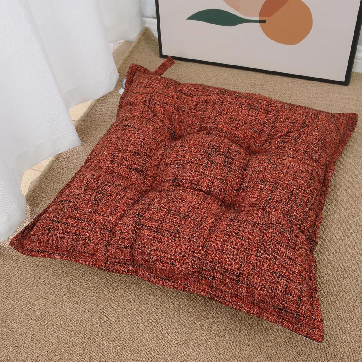 Red square floor cushion 22 inches with color-blocked woven fabric and non-slip base