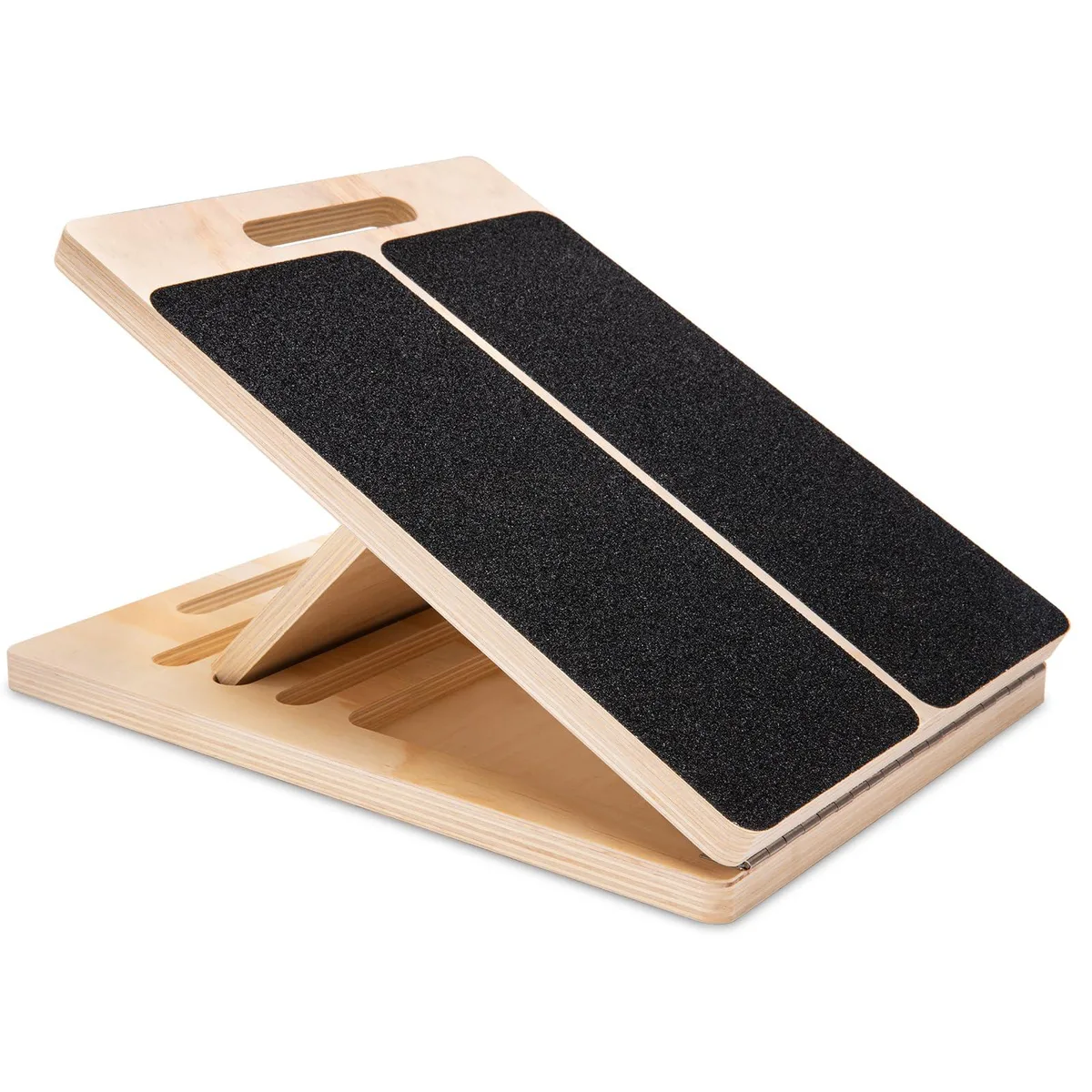 Ten wooden slant boards stacked, light wood with black grit surface, 15 by 11 inches