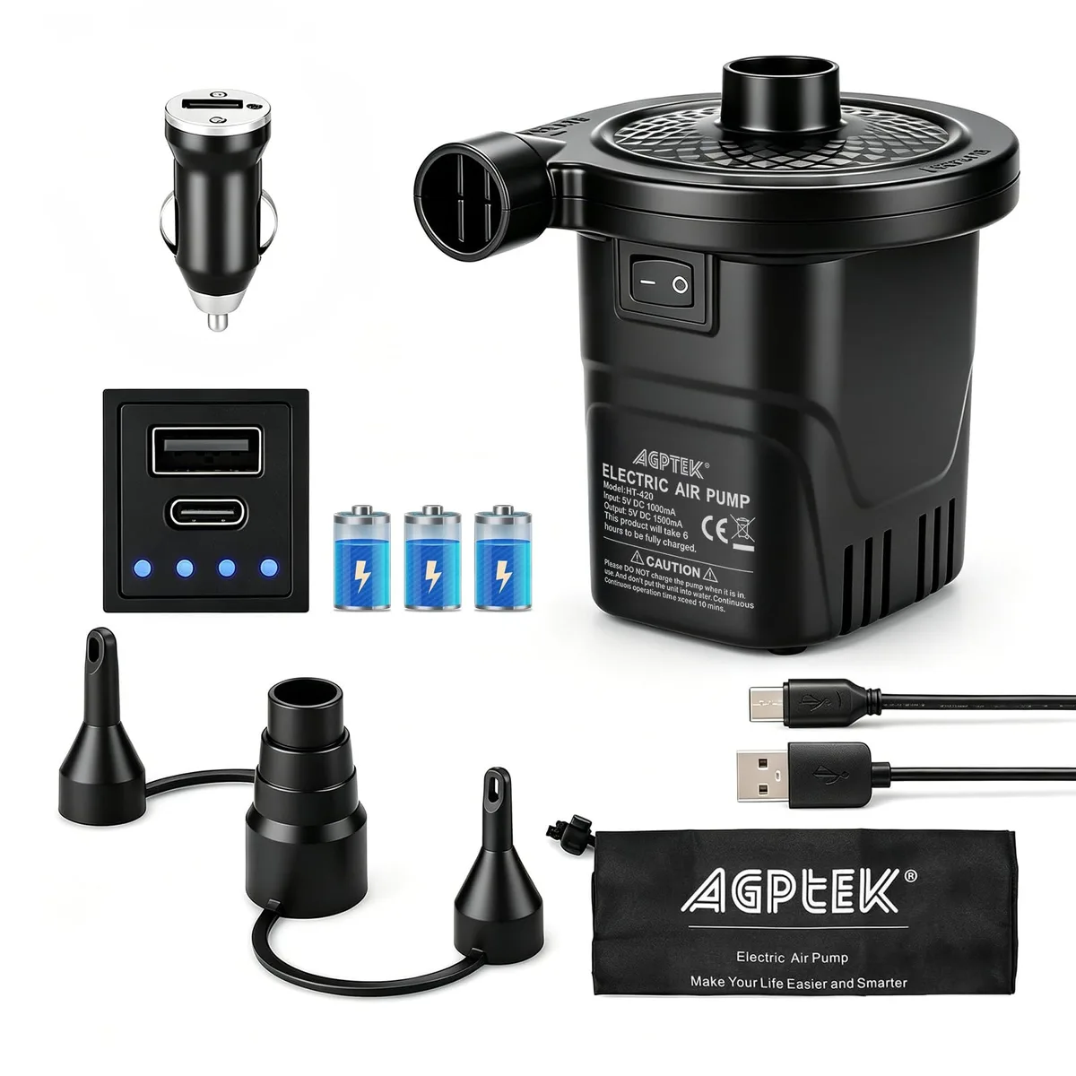 AGPTEK Rechargeable Air Pump 4000mAh 3 Nozzles Ball Pump — product photo