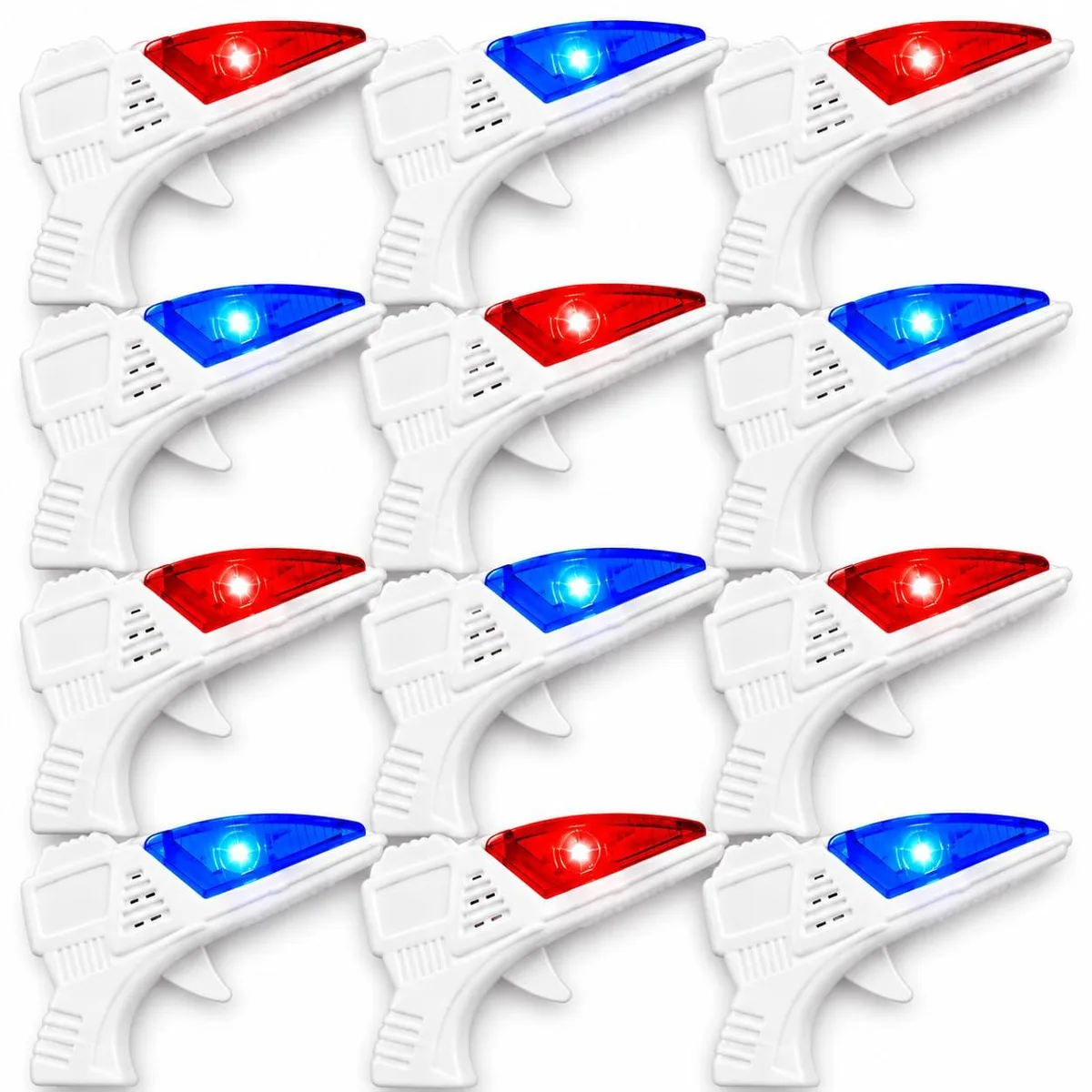 Twelve tiny plastic ray blasters with flashing LEDs, each 3.5 by 2 inches