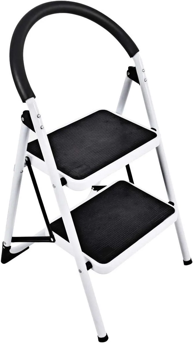 Black two-step steel ladder with handgrip and wide anti-slip platforms, folded flat