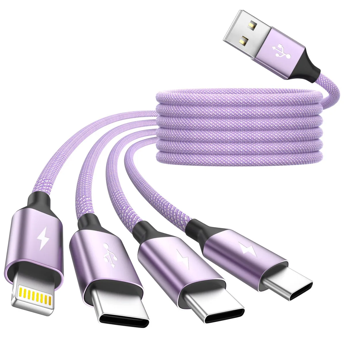 Lavender 5ft 4-in-1 cable with three USB-C and one Lightning connector